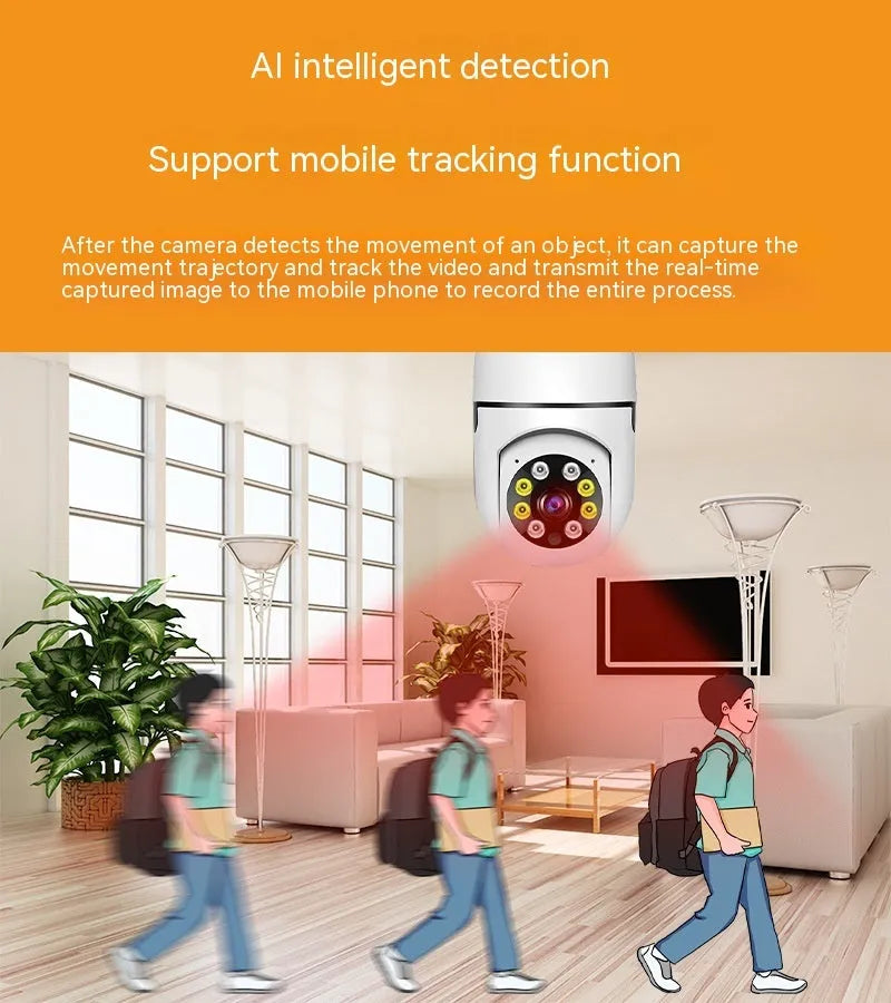 Wireless bulb security camera showing compact design with 1080p and night vision capabilities