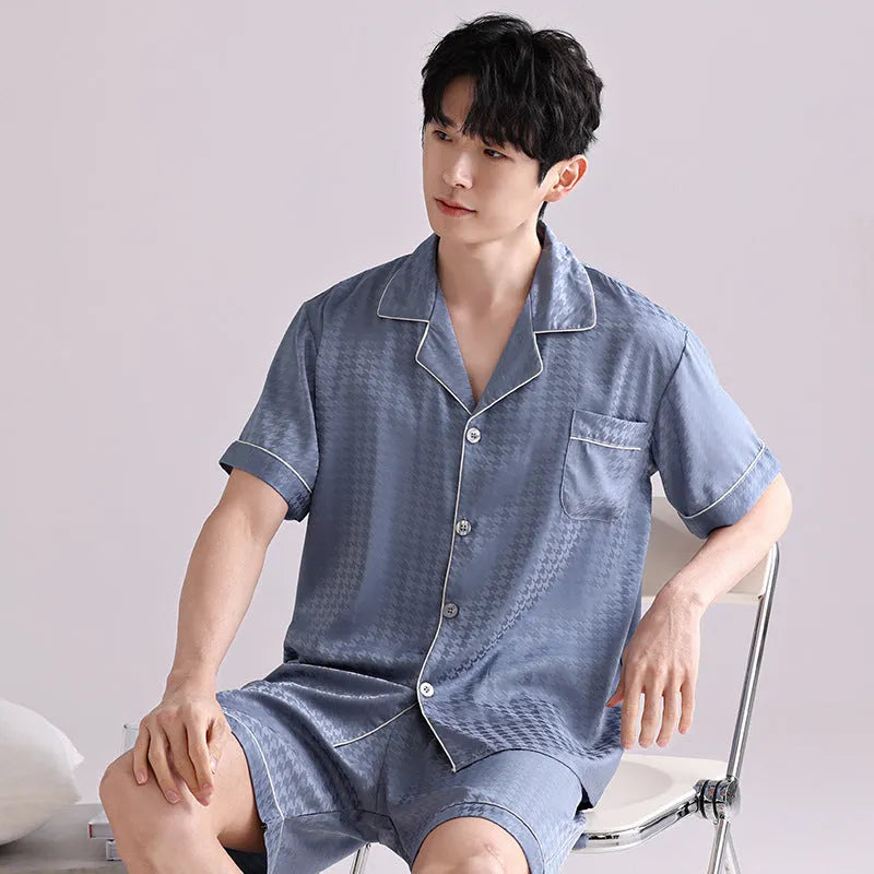 Men's ice silk cardigan and shorts pyjama set with satin jacquard pattern options