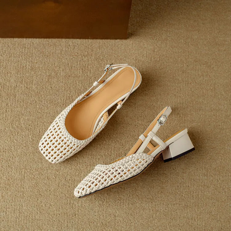 Women's woven hollow-out closed toe sandals with chunky heel and buckle fastening in black and beige colours