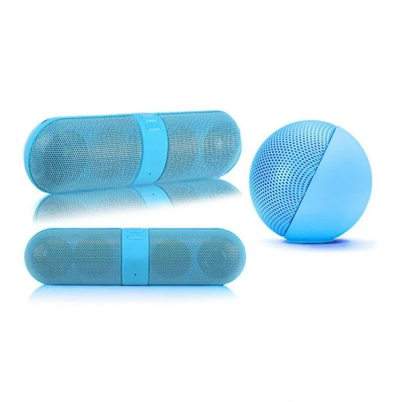 Blue plastic pill Bluetooth speaker with button controls and dustproof casing