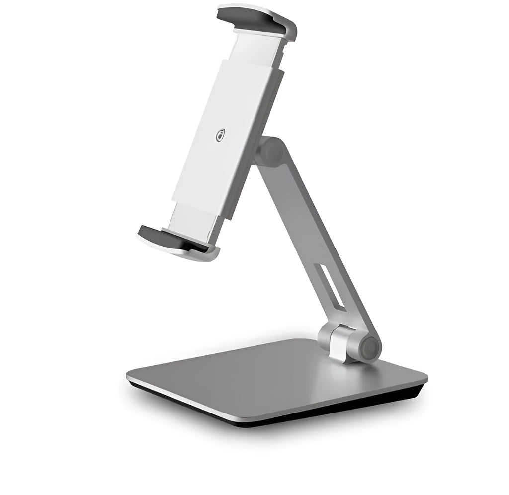 Foldable aluminium and ABS desktop stand holding a tablet at an angle.