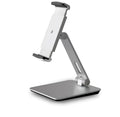 Foldable aluminium and ABS desktop stand holding a tablet at an angle.