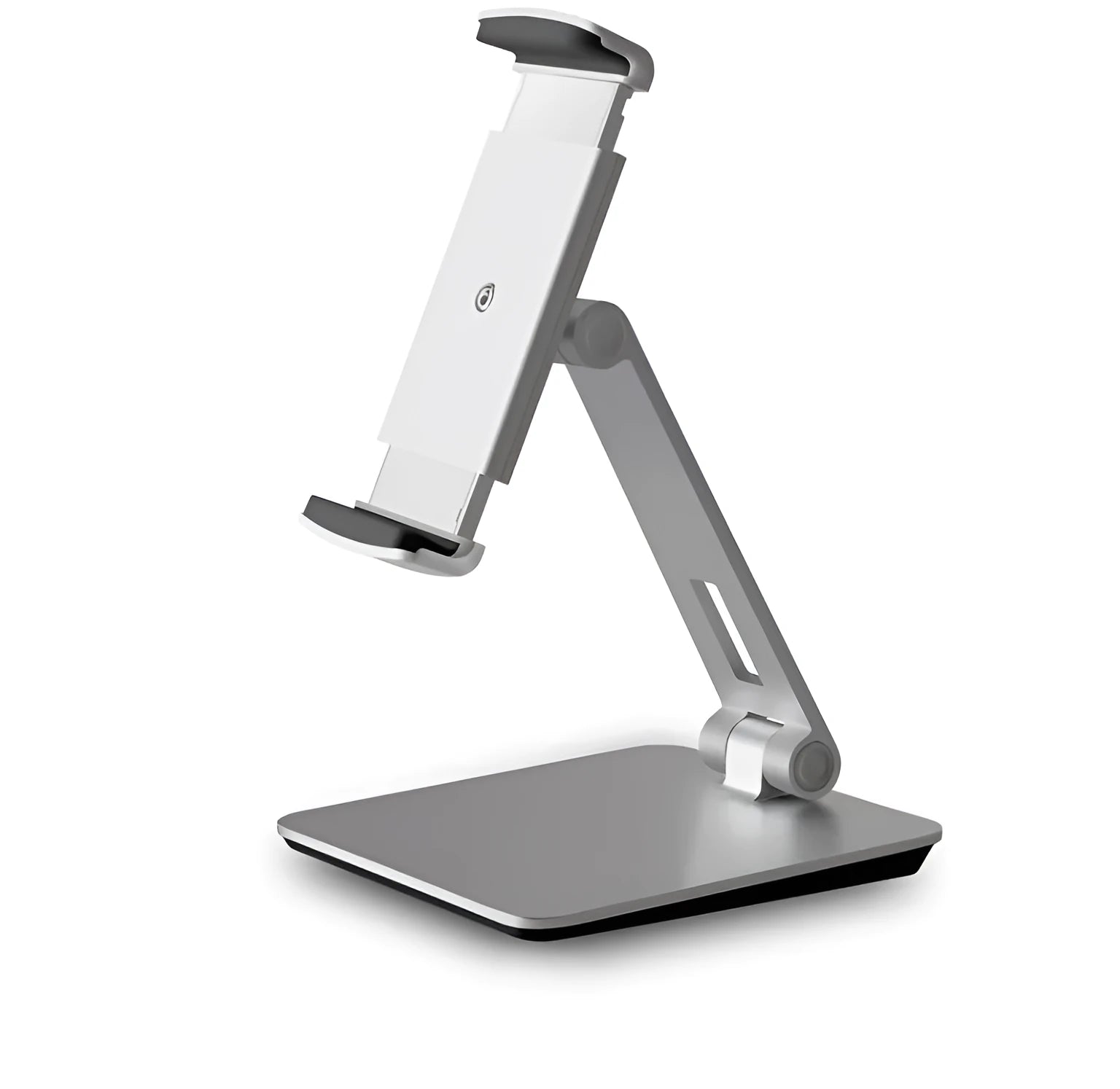 Foldable aluminium and ABS desktop stand holding a tablet at an angle.