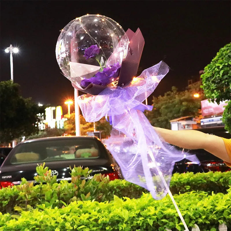 Transparent LED luminous DIY balloon rose bouquet with integrated lights for decoration.