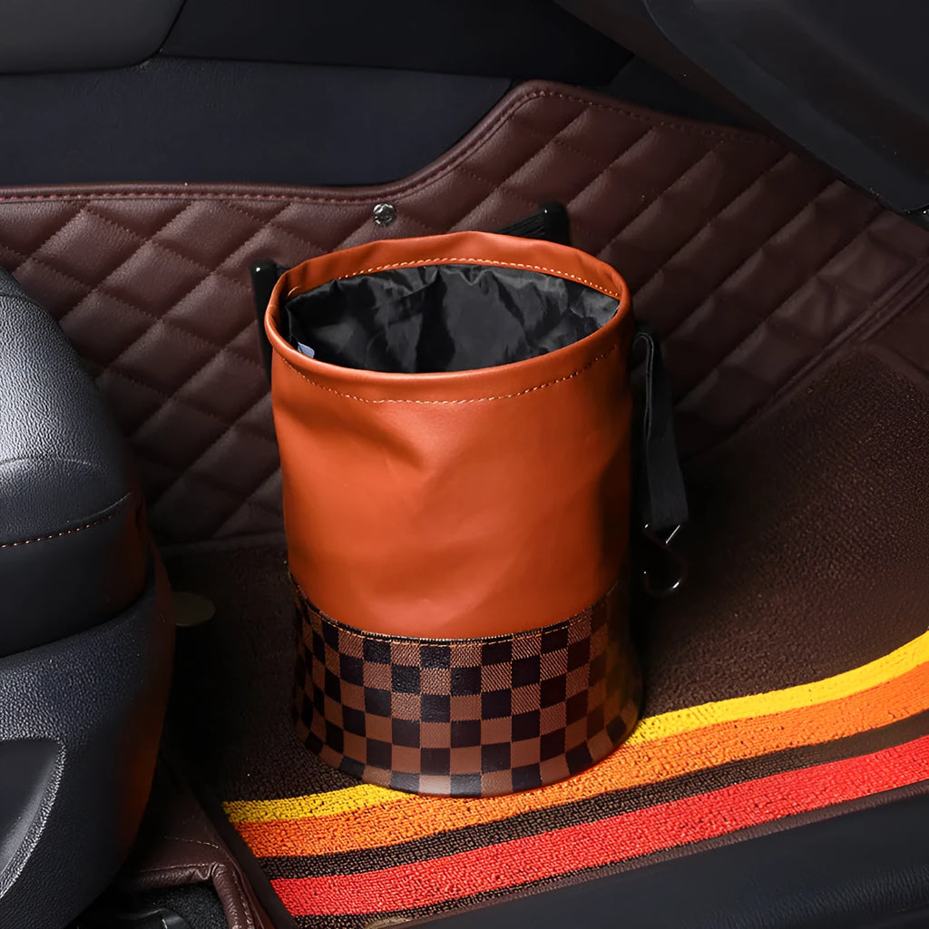 Retractable leather car interior trash can shown in available colour with folding handle design