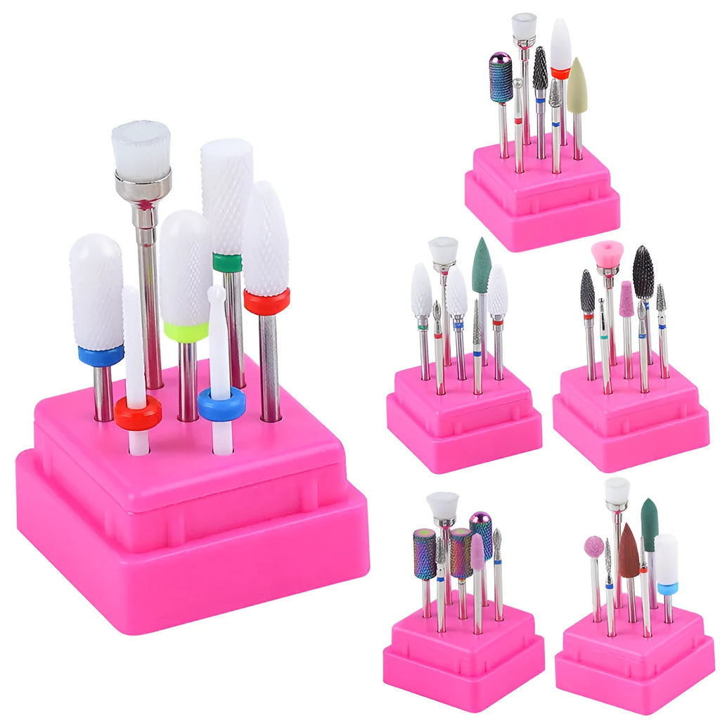 Set of seven tungsten steel nail drill bits and a brush in a transparent plastic storage case.