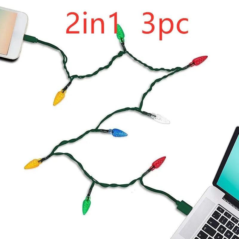 Green USB charging cable with 10 integrated LED Christmas lights flashing, compatible with iOS and Android devices