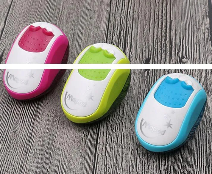 Single hole pencil sharpener with double hole capacity for standard and thick pencils random colour