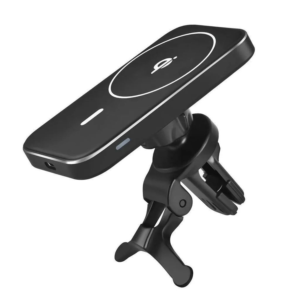 Black M6 magnetic car wireless charger bracket showing USB port and LED indicator light