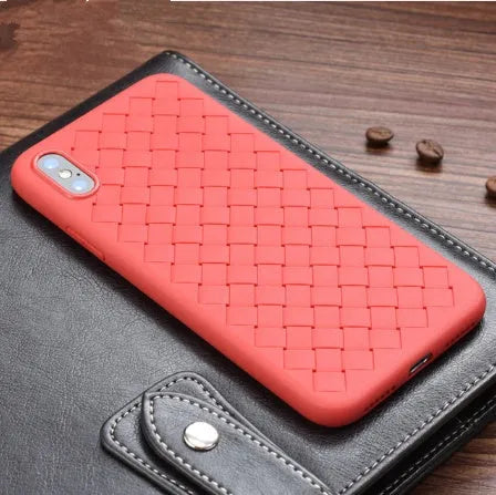 Luxury grid weaving pattern iPhone case in colour options, showing raised screen edges and precise button cutouts.