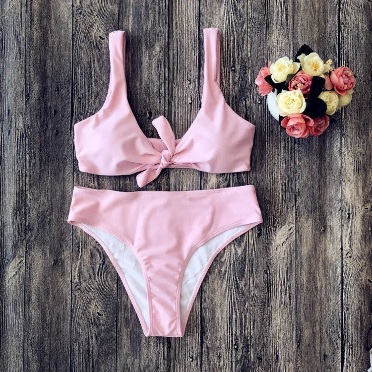 Solid colour polyester bikini swimsuit in five colour options showing front view