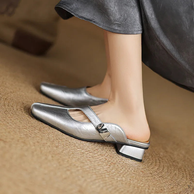 British style square toe slippers in black, beige or silver with low heel and casual design