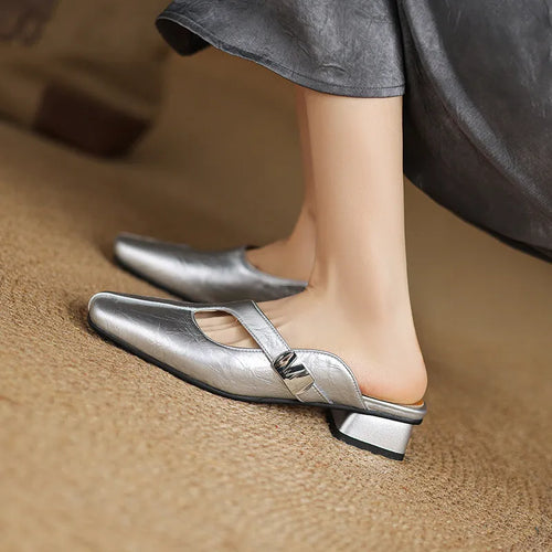 British style square toe slippers in black, beige or silver with low heel and casual design