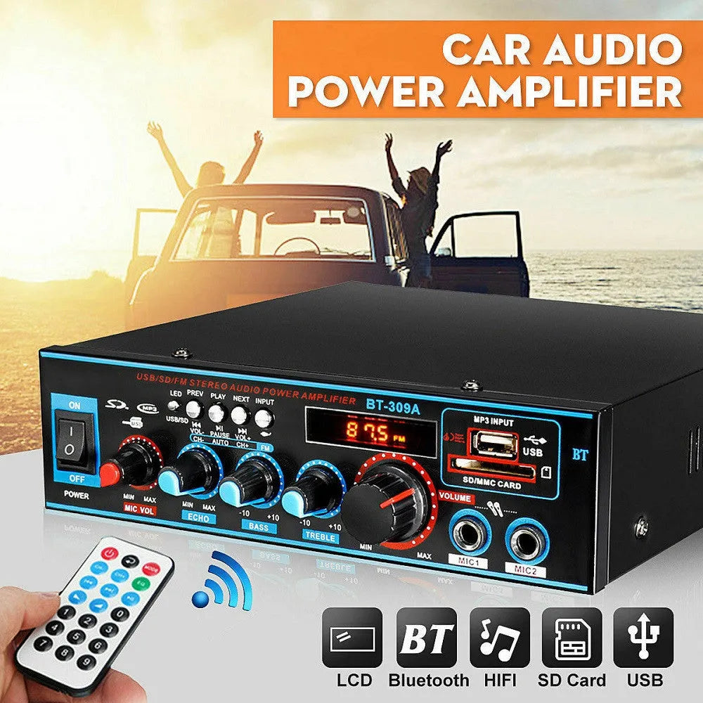 Black Bluetooth power amplifier with recording function for home and car audio systems