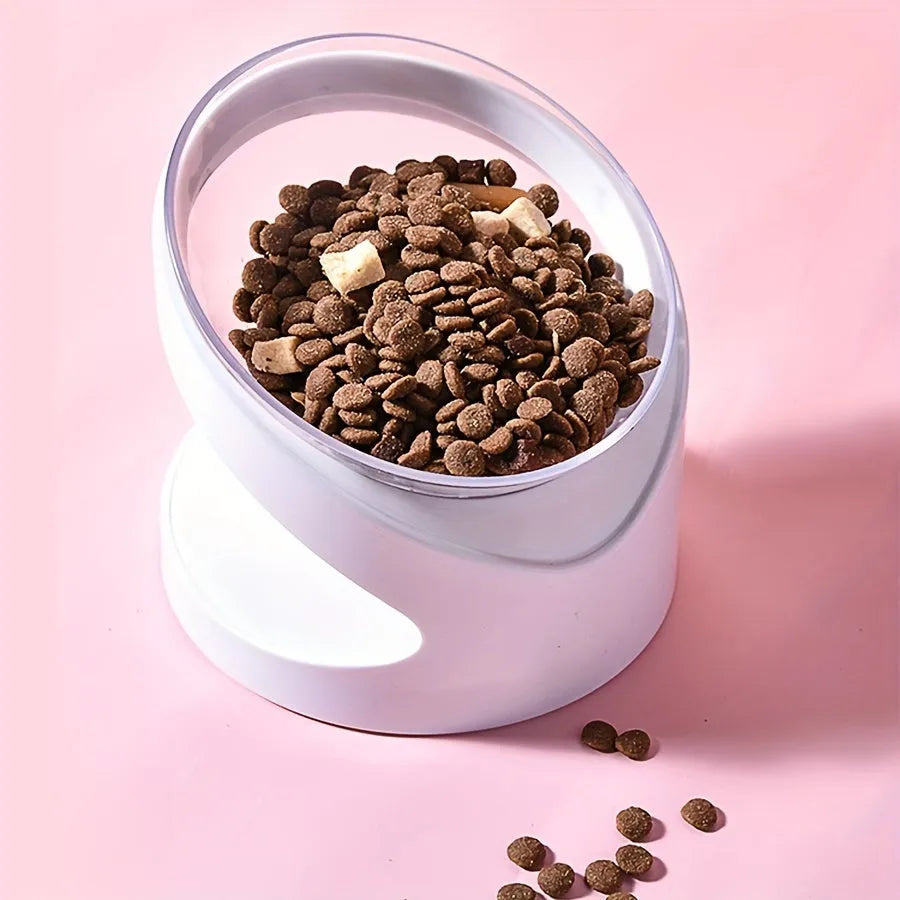 White elevated cat food bowl showing 5cm height and tilted angle design