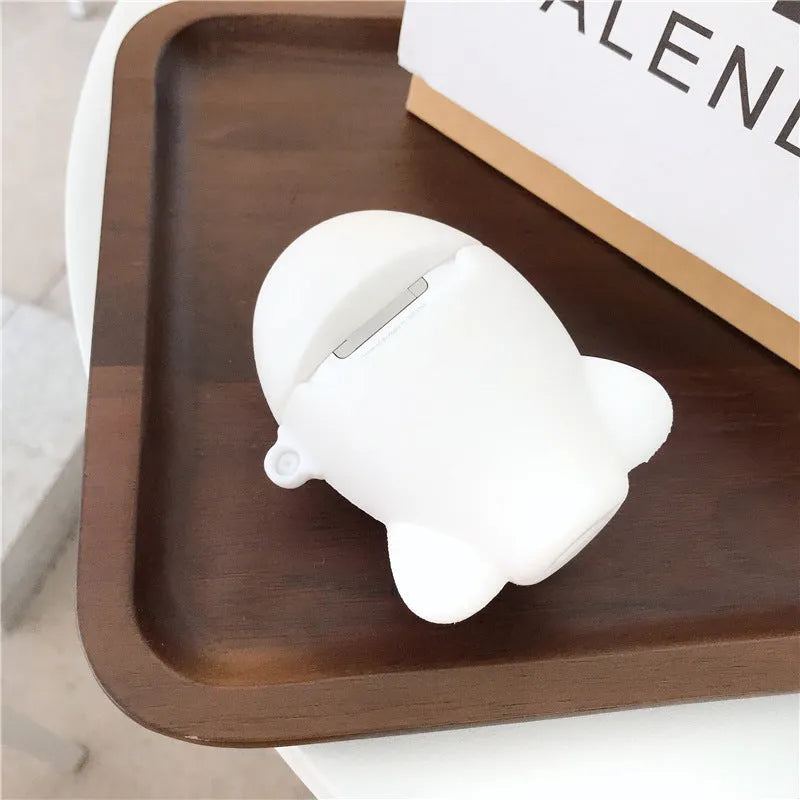 Blue silicone flip case for AirPods 1 and 2 with cartoon aeroplane headset design and attached lanyard hook.