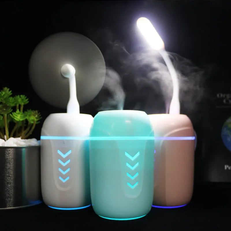 X3 portable car humidifier in blue with USB cable and 200ml water tank