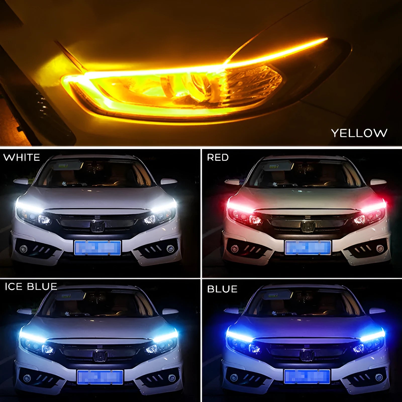Flexible silicone car LED daytime running light strip with flowing turn signal animation mounted on headlight.