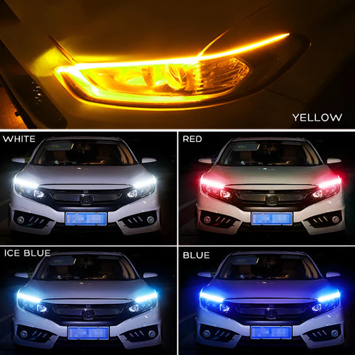 Flexible silicone car LED daytime running light strip with flowing turn signal animation mounted on headlight.