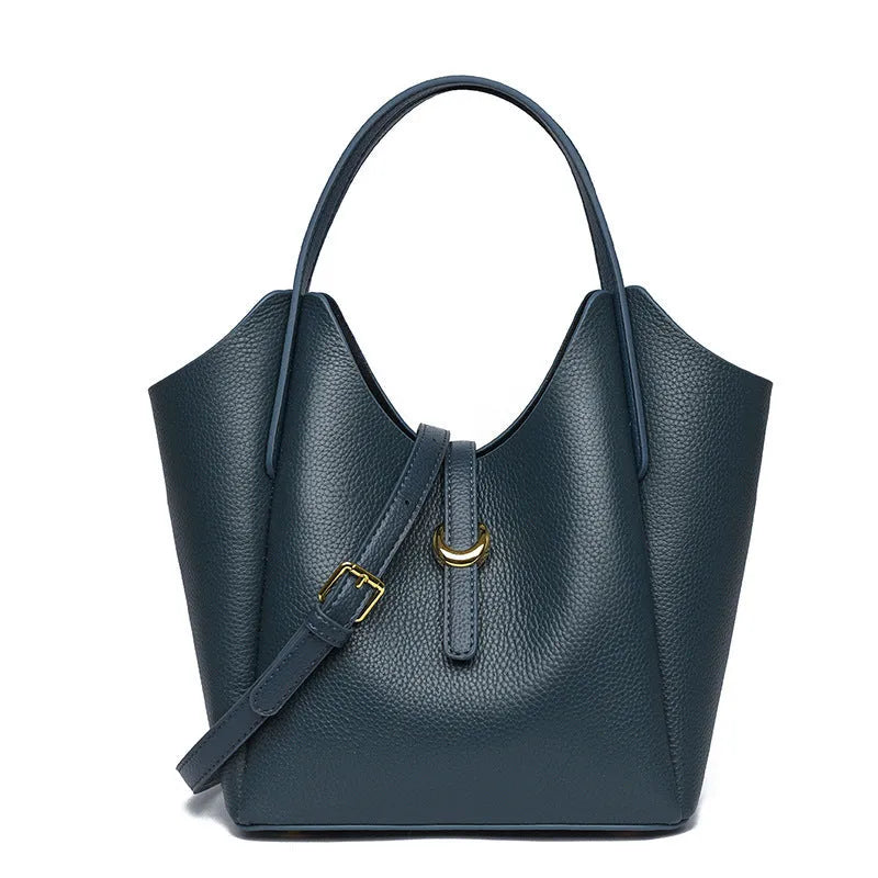 Genuine leather women's bucket handbag in retro style with large capacity and organisational features