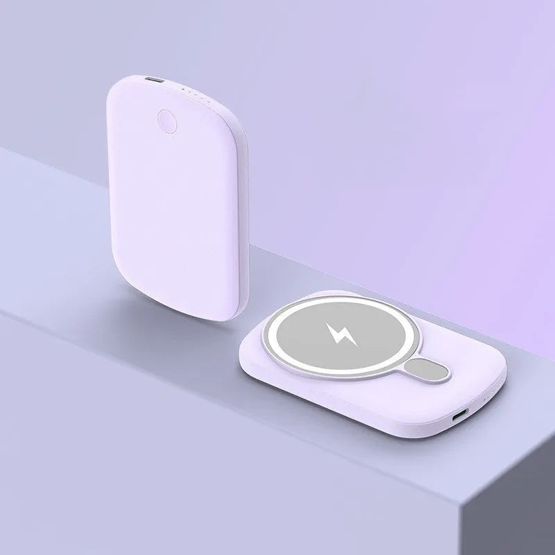 Magsafe magnetic wireless power bank in black, pink, white, or purple colour options showing front view.