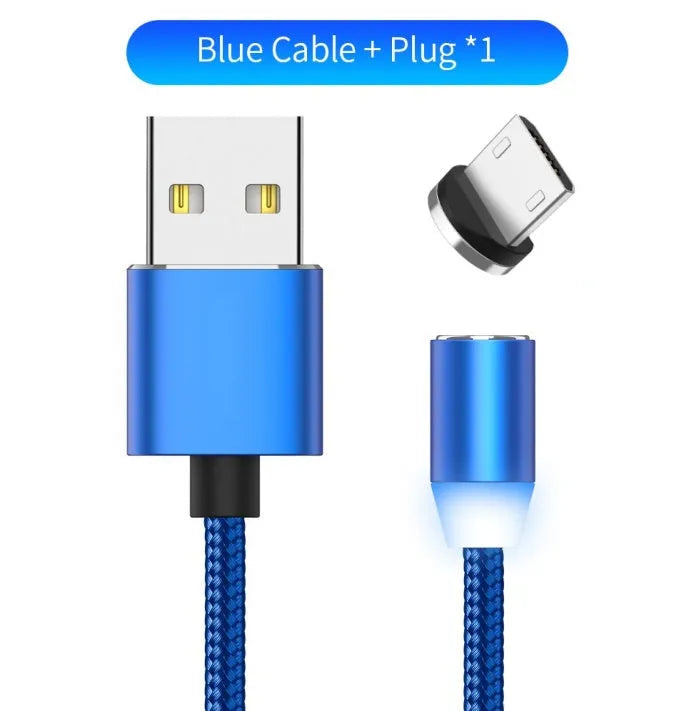 1 metre cotton braided magnetic charging cable with LED light and aluminium connectors