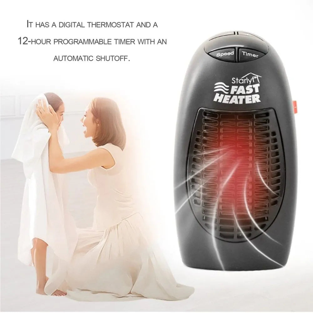 Black compact mini electric heater with digital display and a rotating three-prong plug