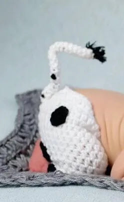 Hand knitted white baby cow suit with hat and pants set for newborns