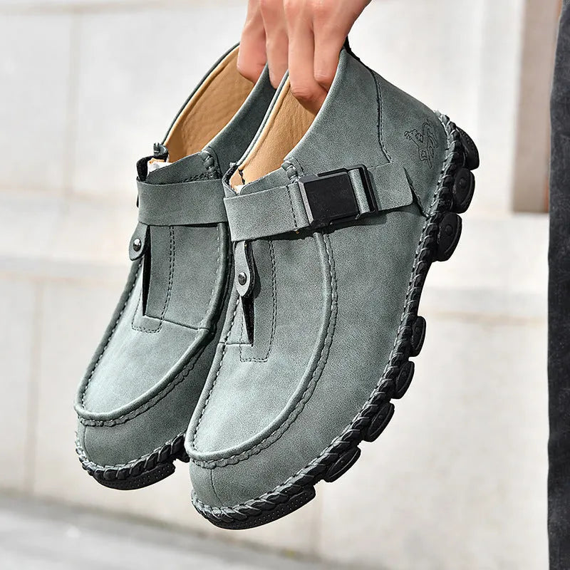 Handmade sewing casual slip-on flat shoes in black, brown, and green PU leather.