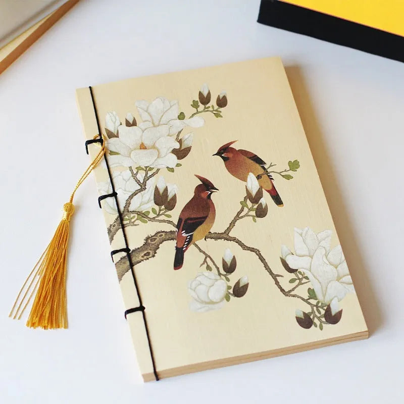 A5 antique wire-bound notebook with retro painting design on white cowhide cover