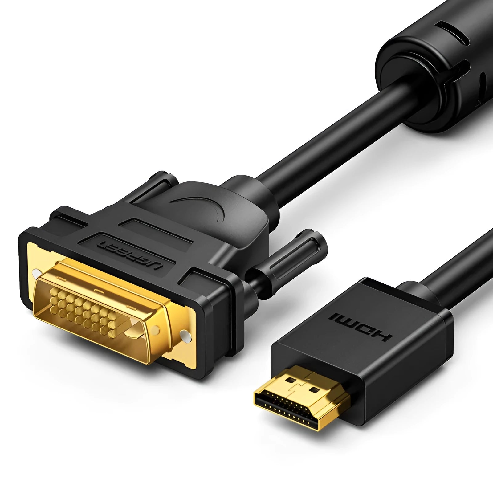 USB to HDMI adapter cable on a desk next to a laptop, showing the green packaging and different length options