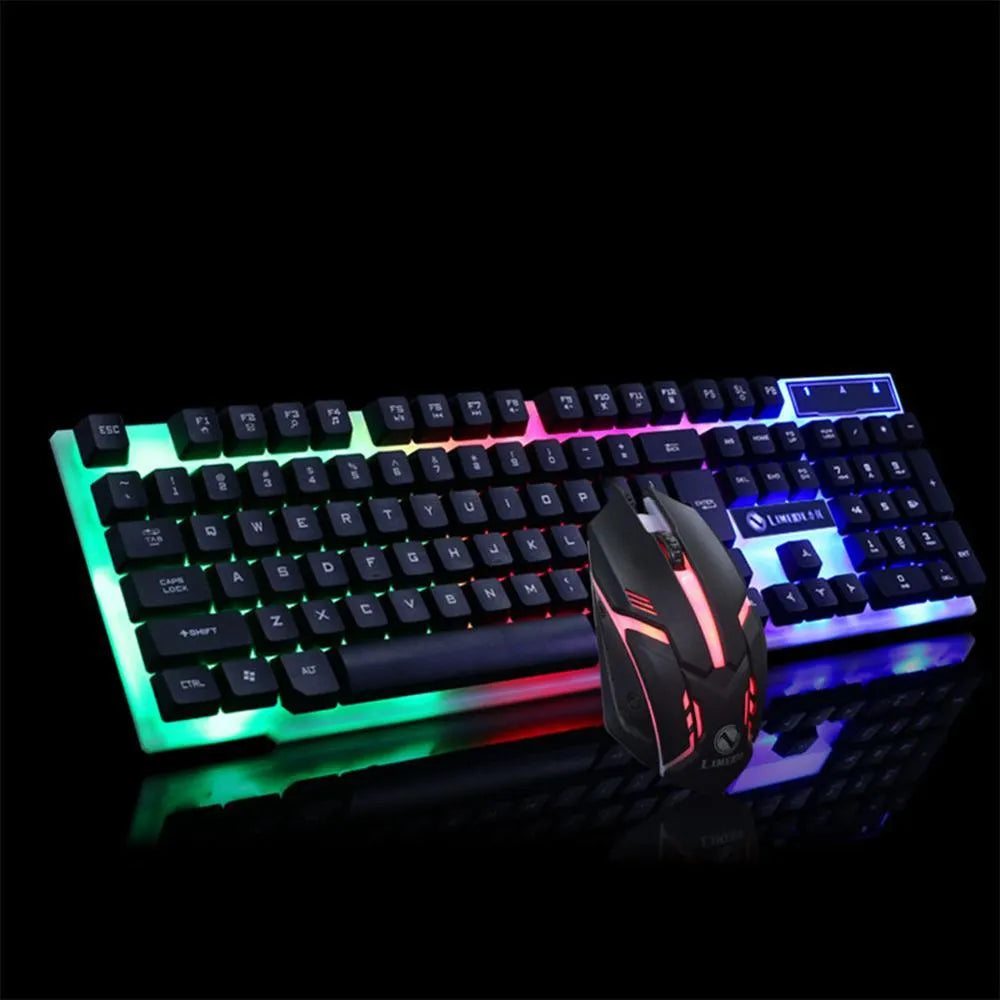 GTX300 black and white wired gaming keyboard and mouse set with backlit keys on desk.