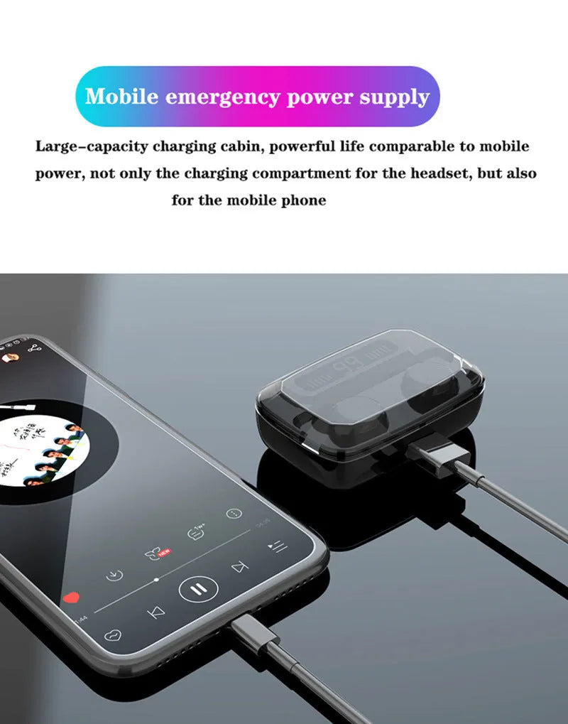 Black M11 style Bluetooth wireless headset with digital power display next to its charging case.