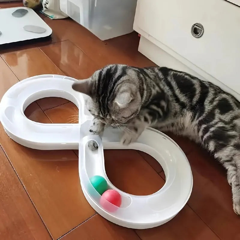 Blue and white cat turntable track ball toy with teasing stick measuring 50cm wide