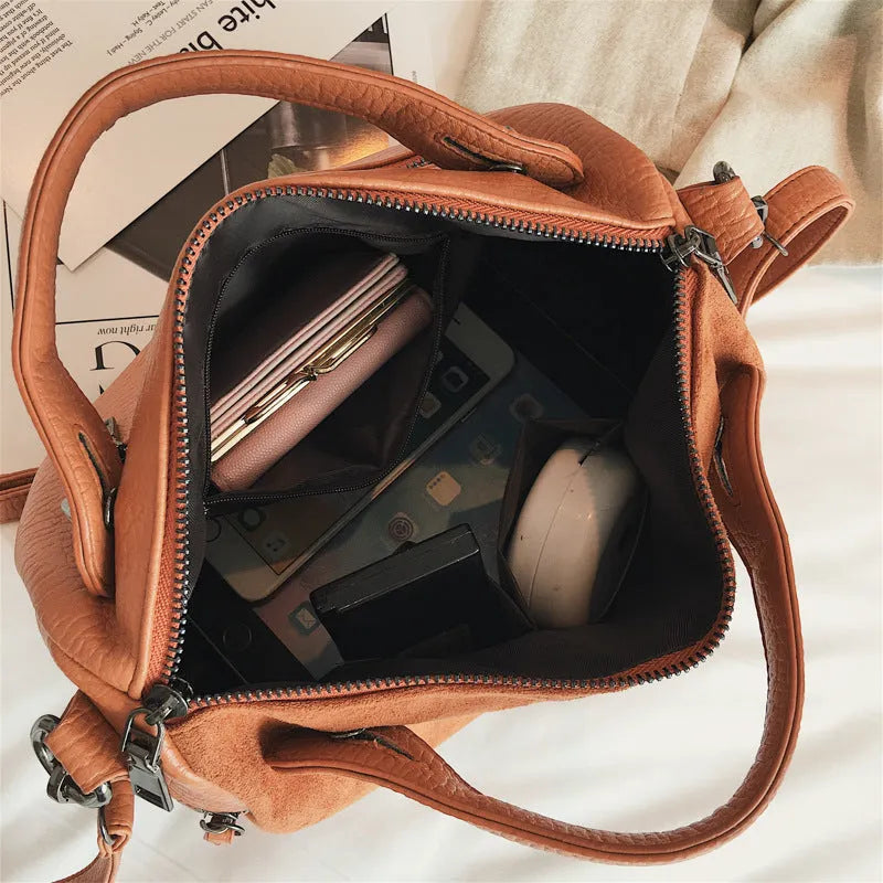 Women's soft PU leather tote shoulder bag in grey colour showing spacious interior