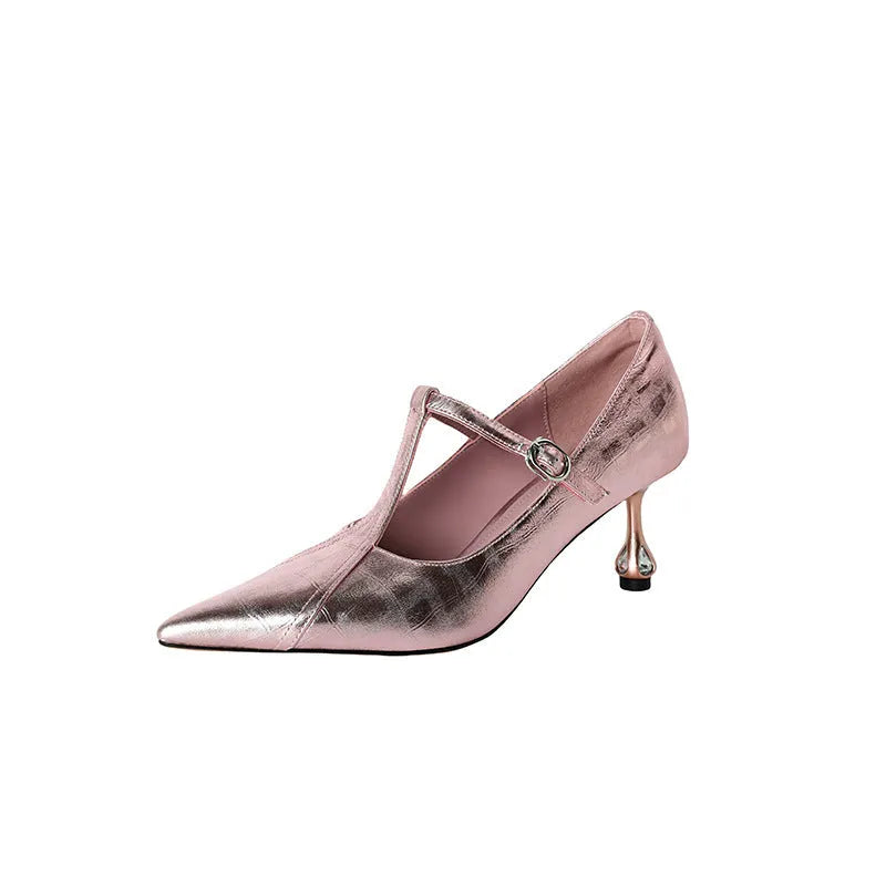 Genuine leather Mary Jane pumps with chunky heel in gun colour and pink options