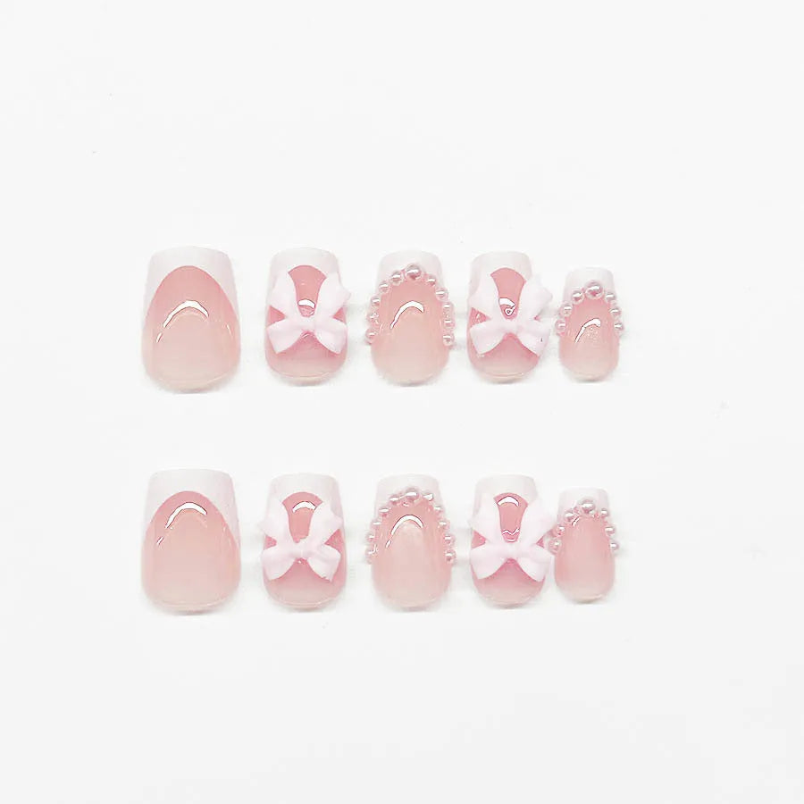 French manicure false nails with bow designs in short European square shape