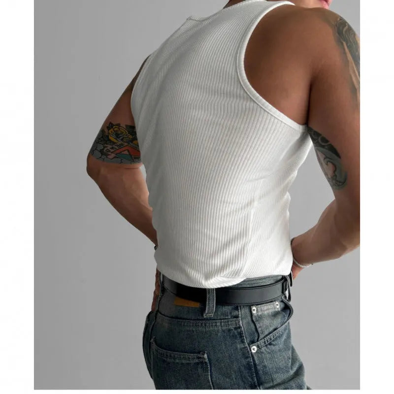 Coarse thread elastic polyester fitness vest in black, tight fit, gym training top