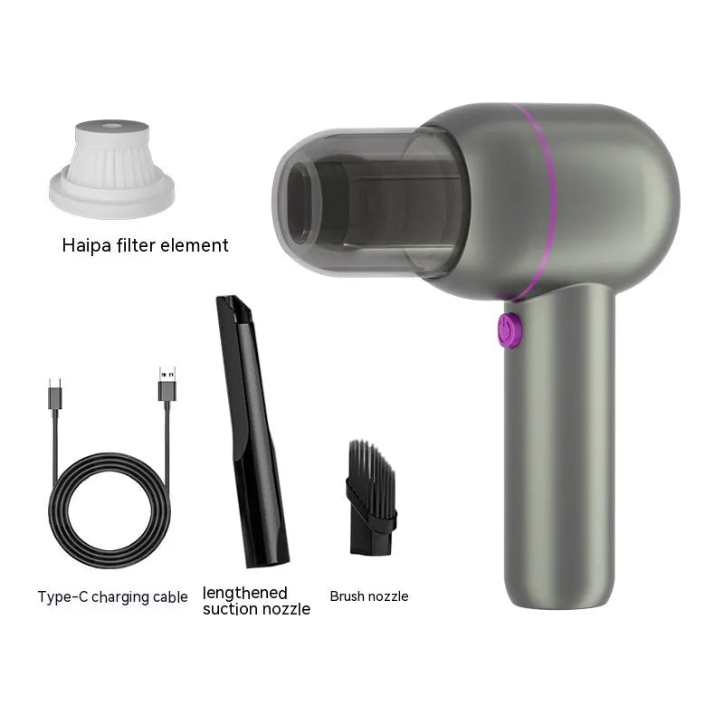 XC-06 grey portable car cleaner with brush nozzle, extended nozzle and dust collection bin