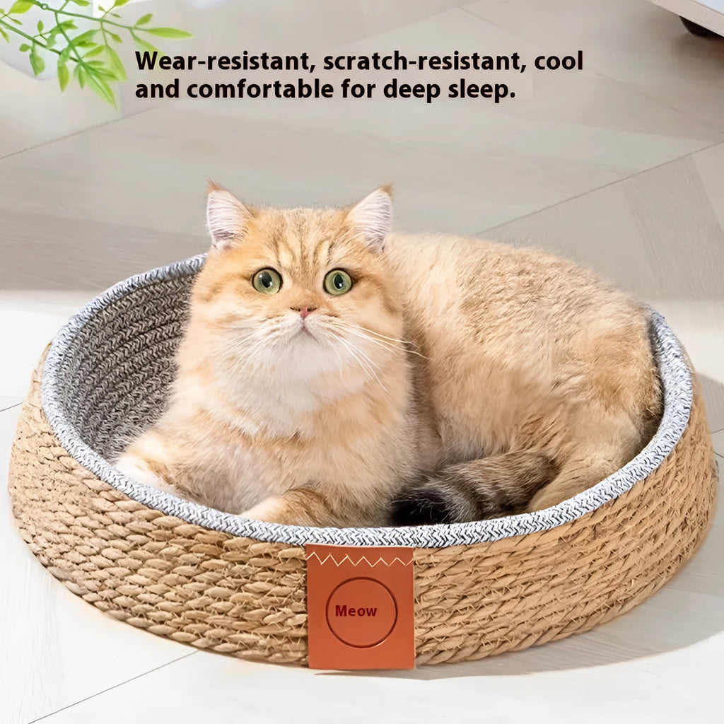 Woven rattan cat bed nest shown in one of four available sizes: S, M, L, or XL.