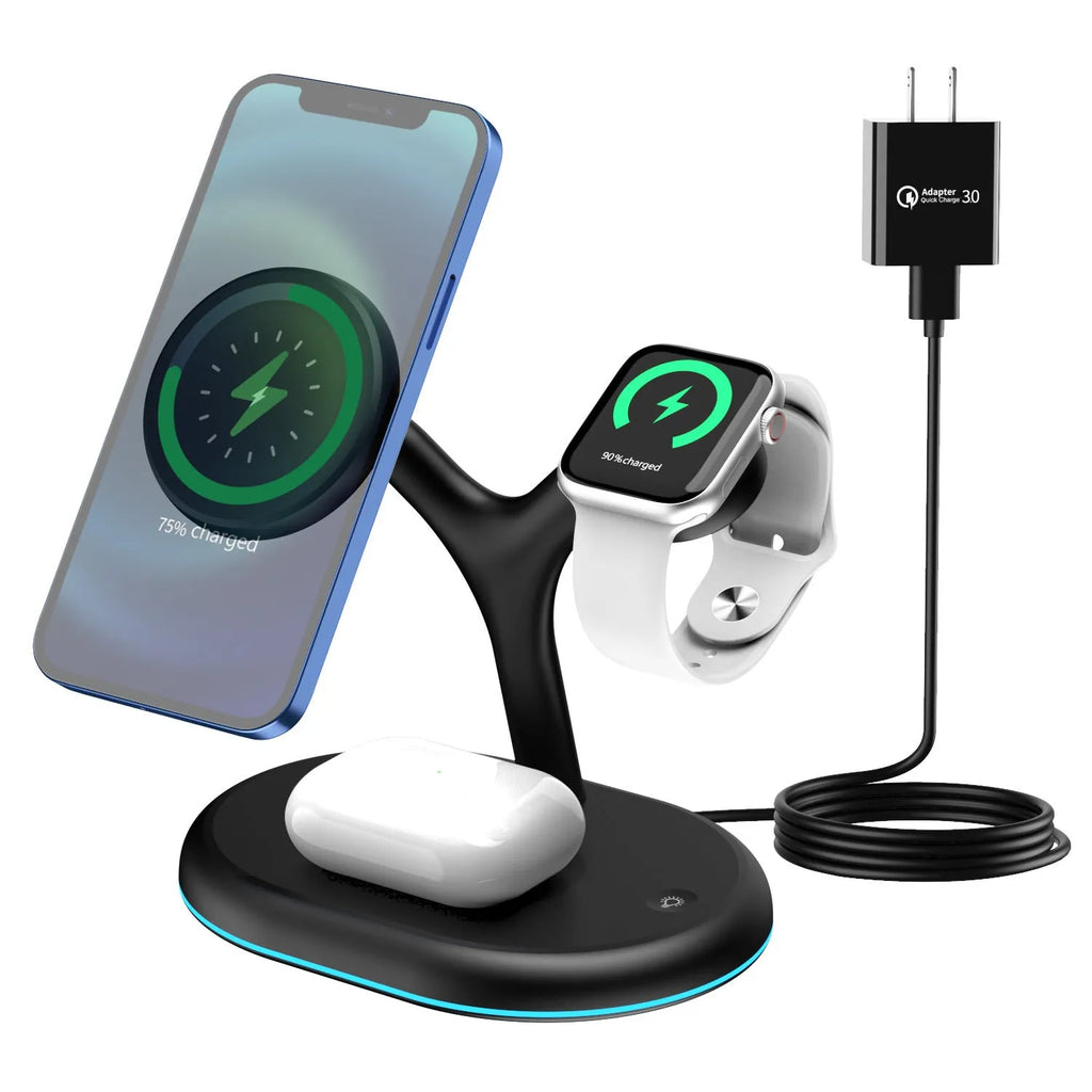 Black magnetic wireless charging station with three-in-one design for multiple devices