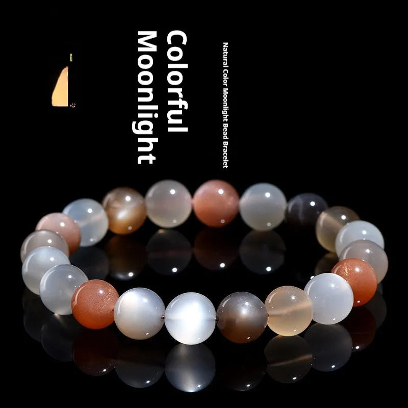 Natural moonstone colourful moonlight bracelet with 8mm beads in a single circle on a wrist.