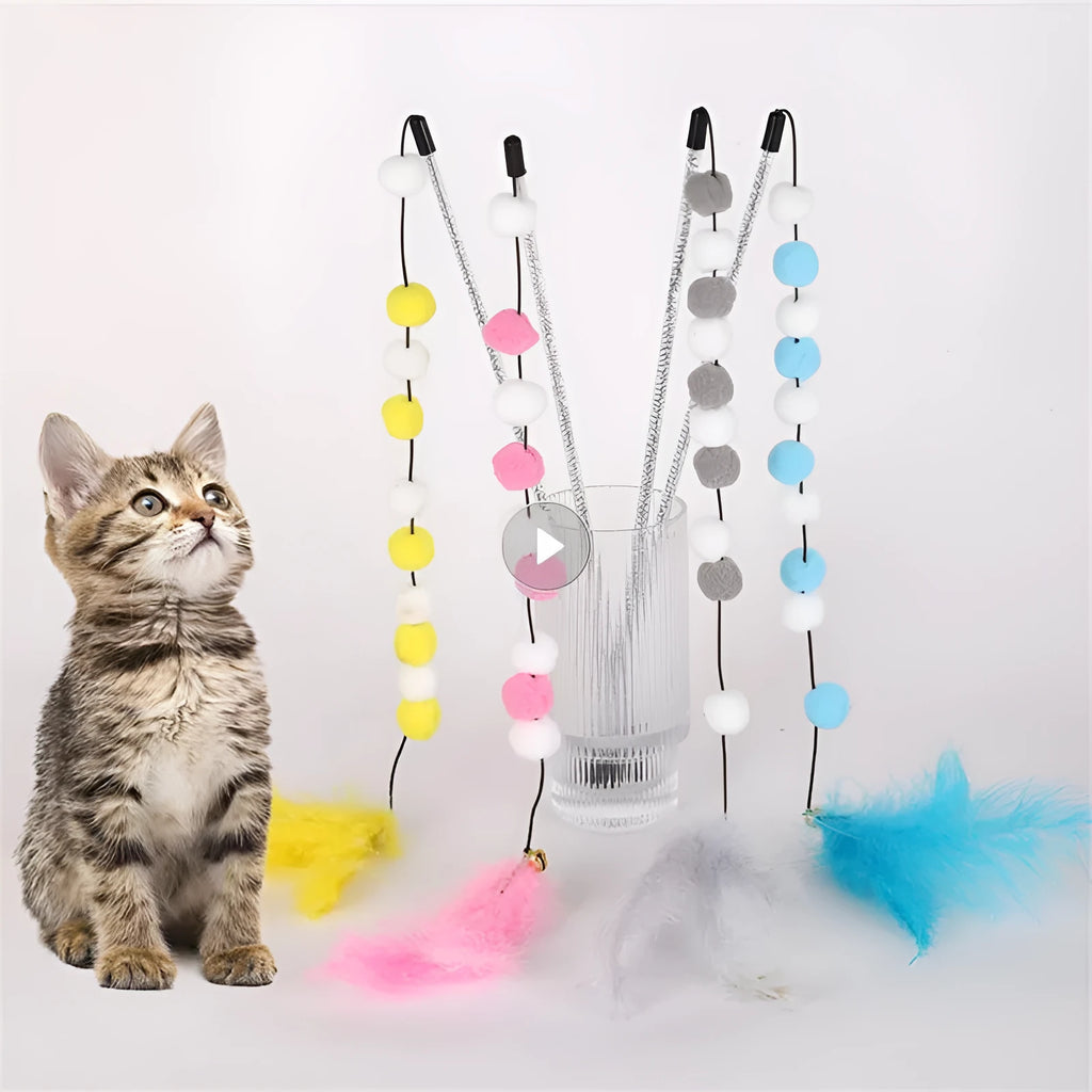 31cm long cat teaser interactive toy rod with feather, pompon, and bell attachments