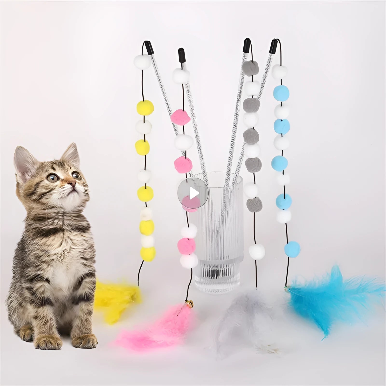 31cm long cat teaser interactive toy rod with feather, pompon, and bell attachments