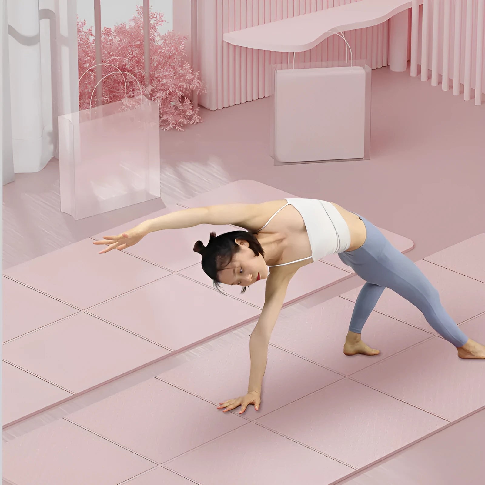 Blue TPE folding yoga mat unfolded on a floor, showing its 183cm length and non-slip texture.