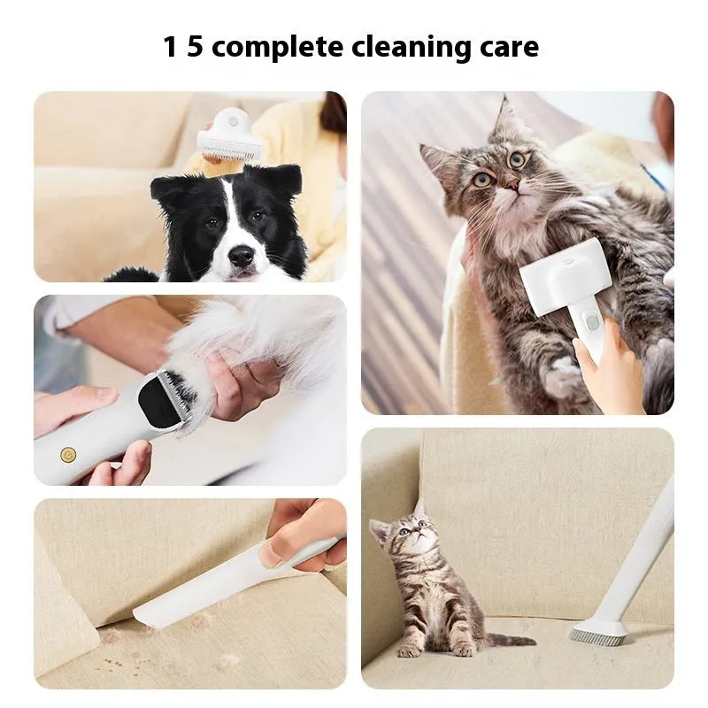 White and pink multifunctional pet grooming vacuum cleaner with clipper attachments on a table.
