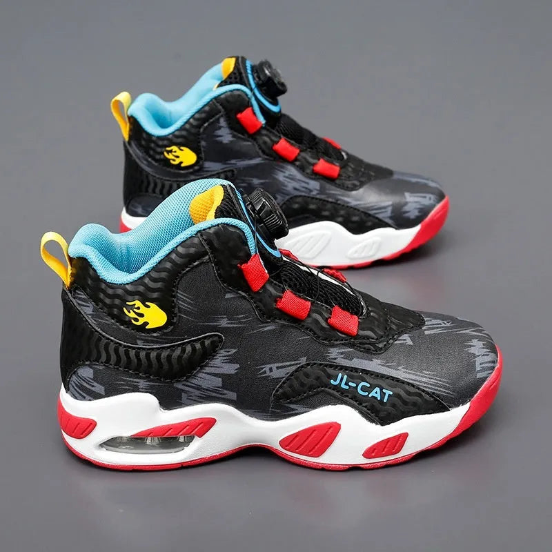 Rotating button running shoes in black synthetic leather with waterproof construction and PU soles