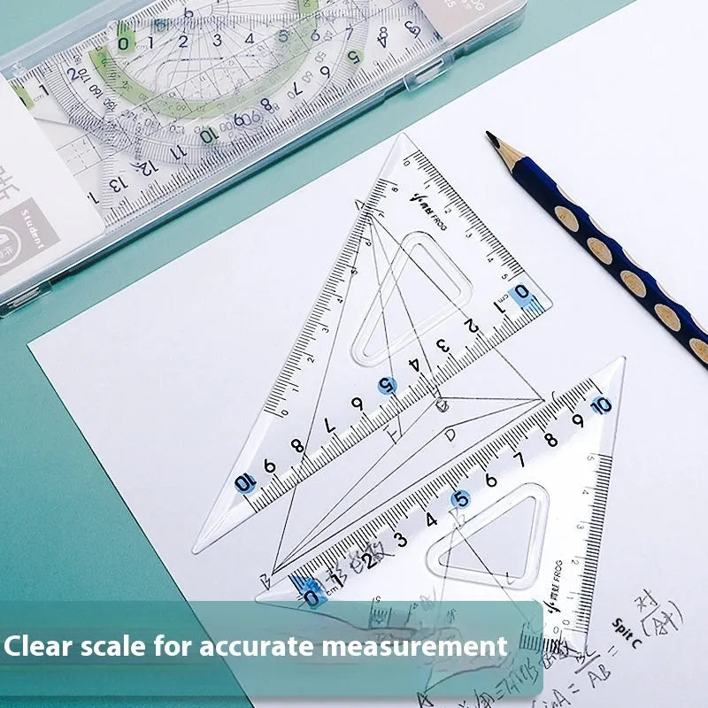 Youpai transparent acrylic ruler set with square and protractor on lined paper.