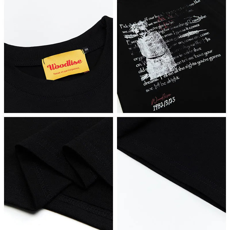 Men's black pure cotton hip hop style T-shirt with loose fit and letter print design