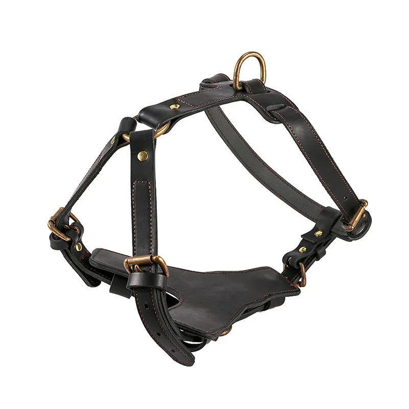 Black leather dog chest harness set with automatic traction rope for walking large breeds